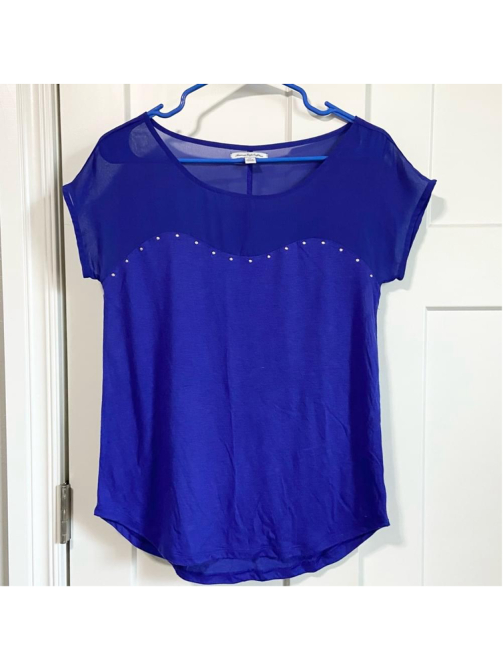 American Eagle outfitters royal blue partial sheer short sleeve top bling size S